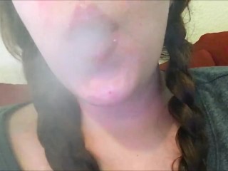 Beautiful Chubby Teen Brunette Smoking In Pigtails And Lip Gloss – Close Up